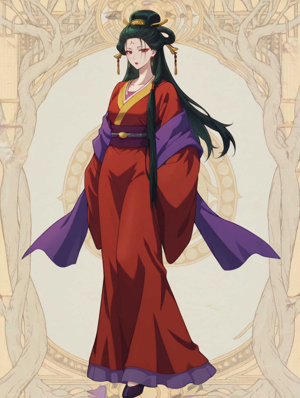 02810-2495540680-1girl,full body, _ywfxv3,green hair,long hair,updo,hair rings,hair ornament,hair stick,forehead mark,red eyes,red eyeshadow,red.png